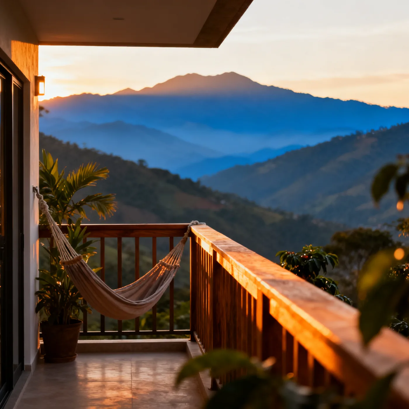 Balcón al atardecer frente a la cordillera