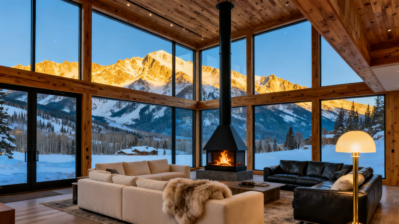 The Great Room Chalet — double-height windows framing golden peaks