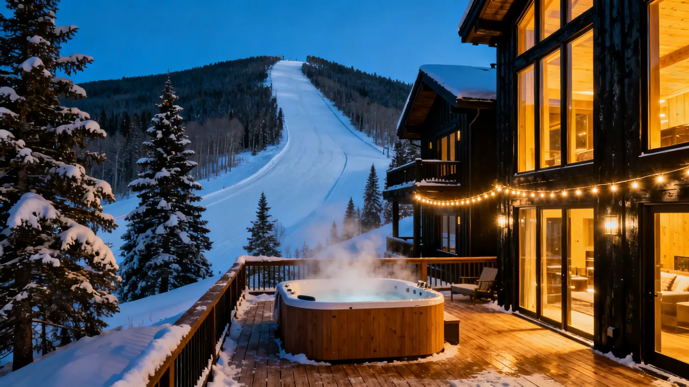 Powder House — ski-in ski-out chalet with hot tub deck at twilight