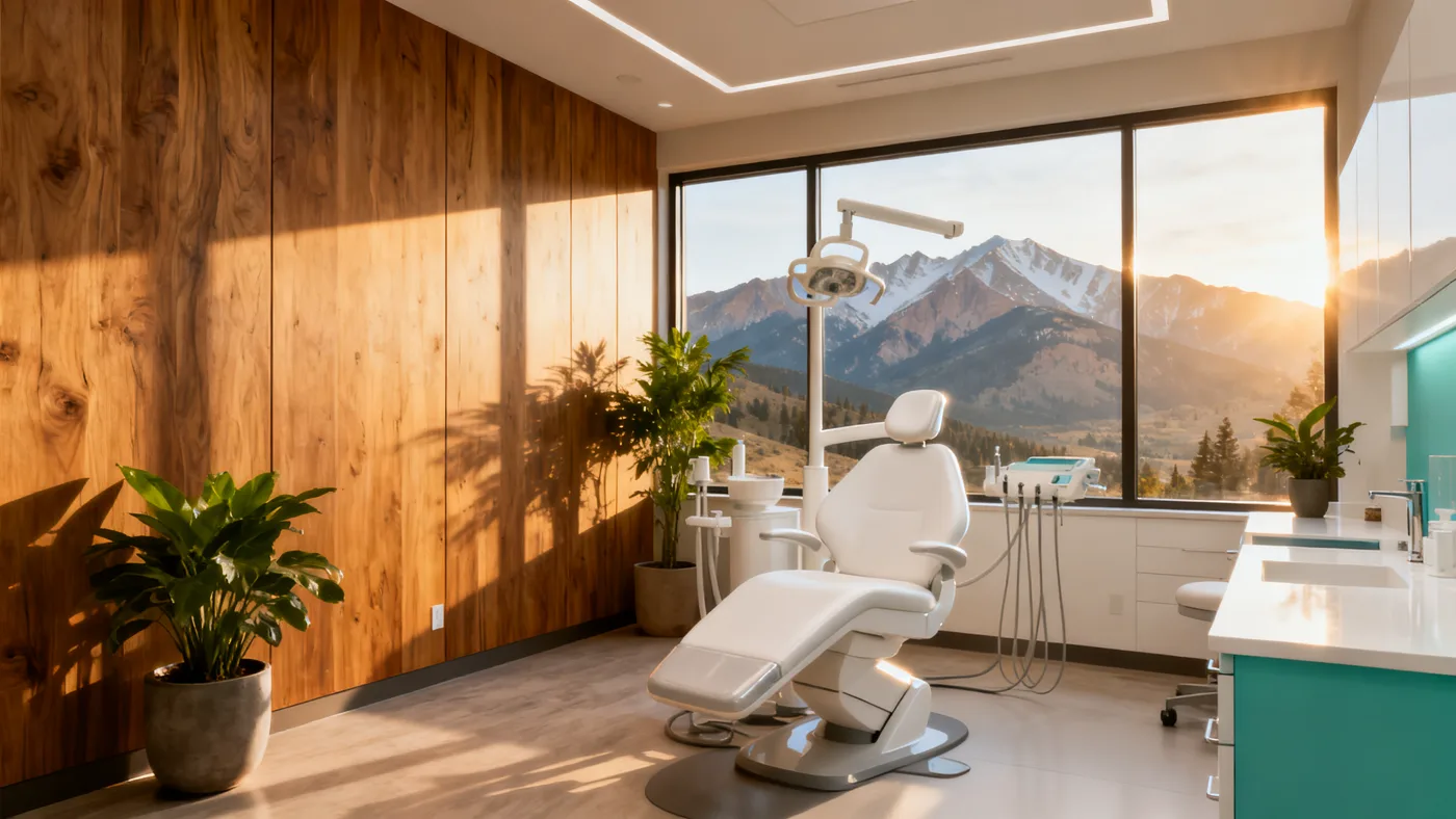 Warm-wood treatment room with a Rocky Mountain view