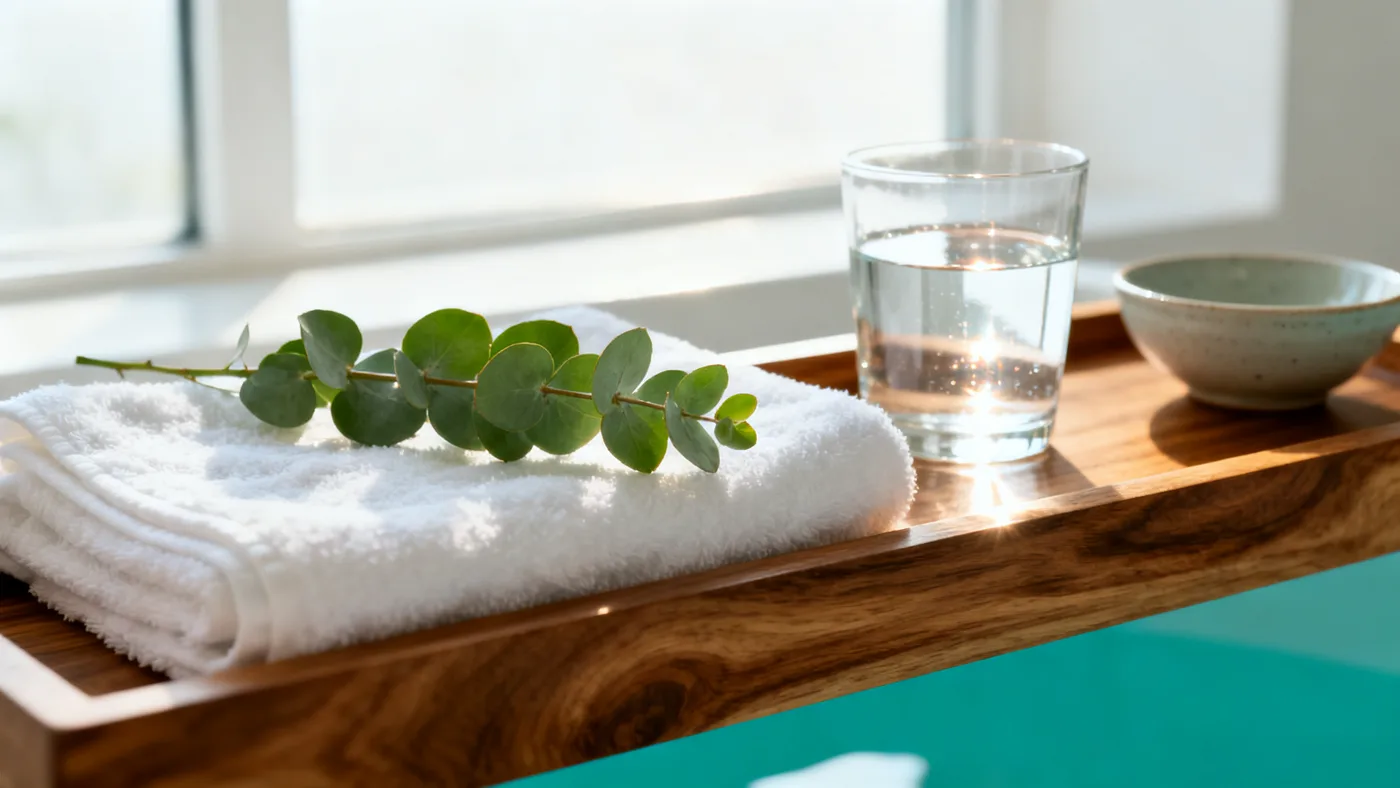 Eucalyptus sprig and fresh towels on a wood tray