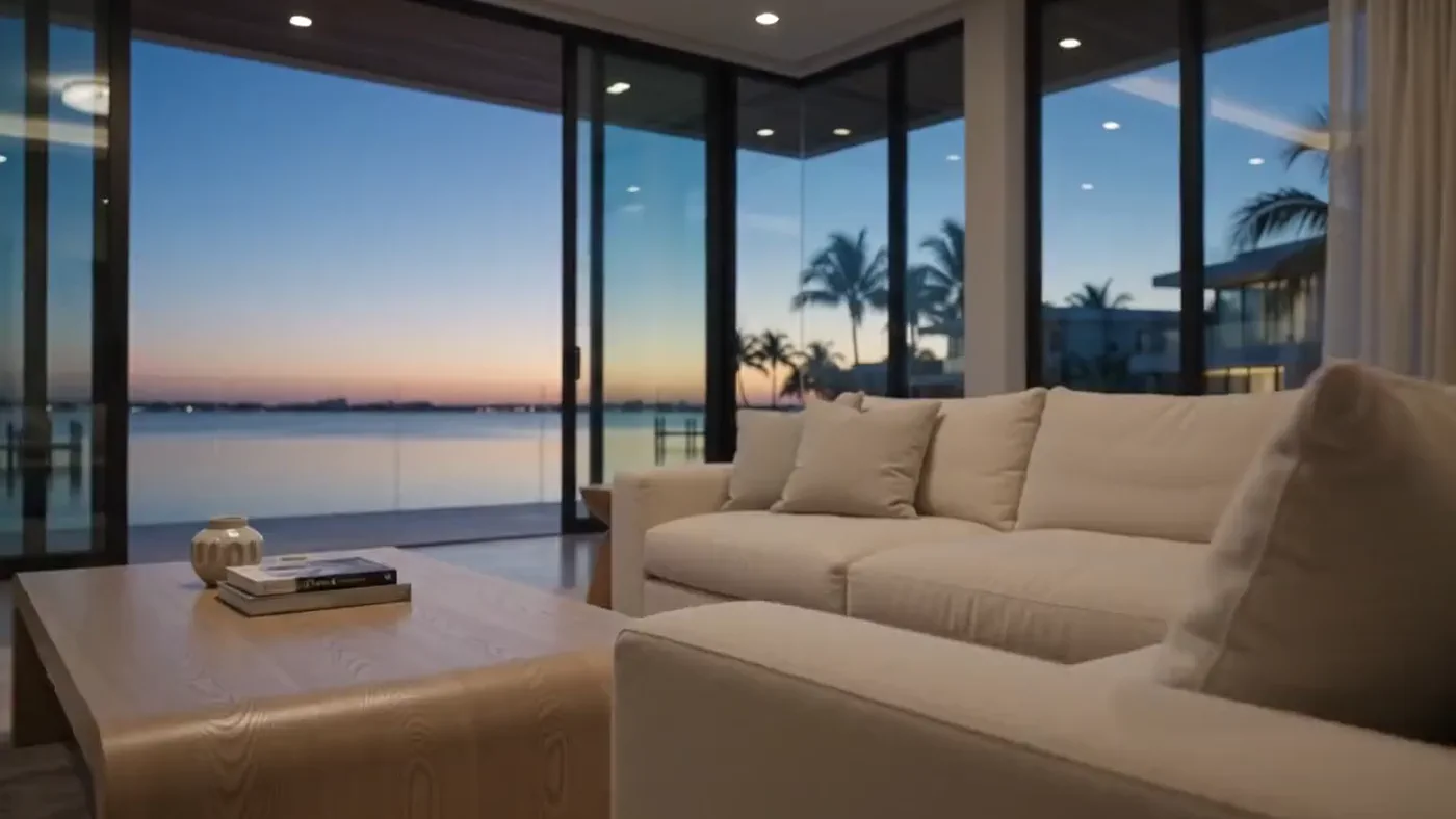 Waterfront living room at dusk