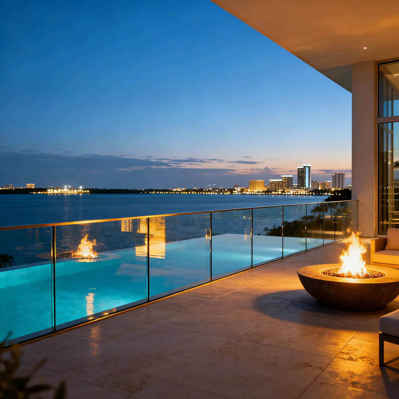 Penthouse terrace at blue hour over the bay