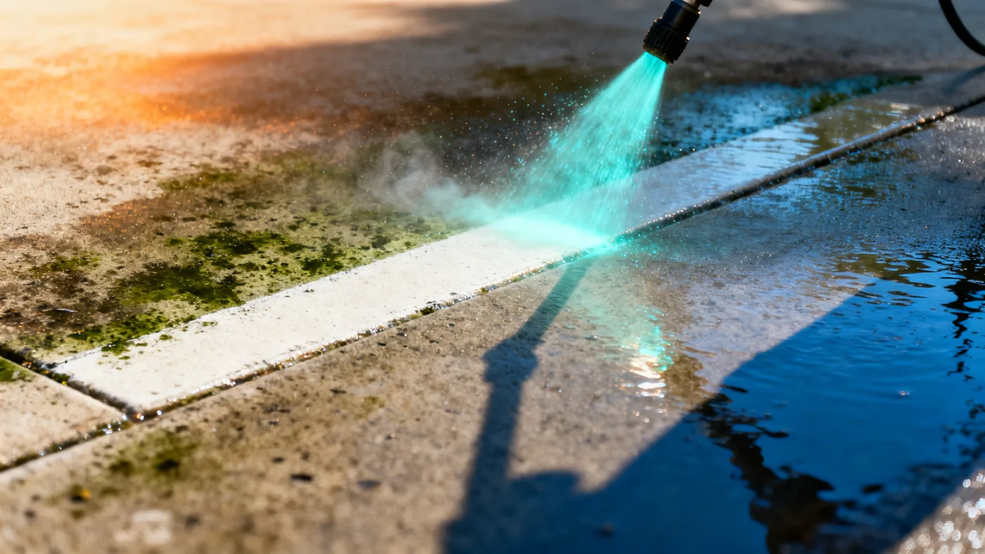 Pressure washing wand stripping grime off a driveway in one clean stripe