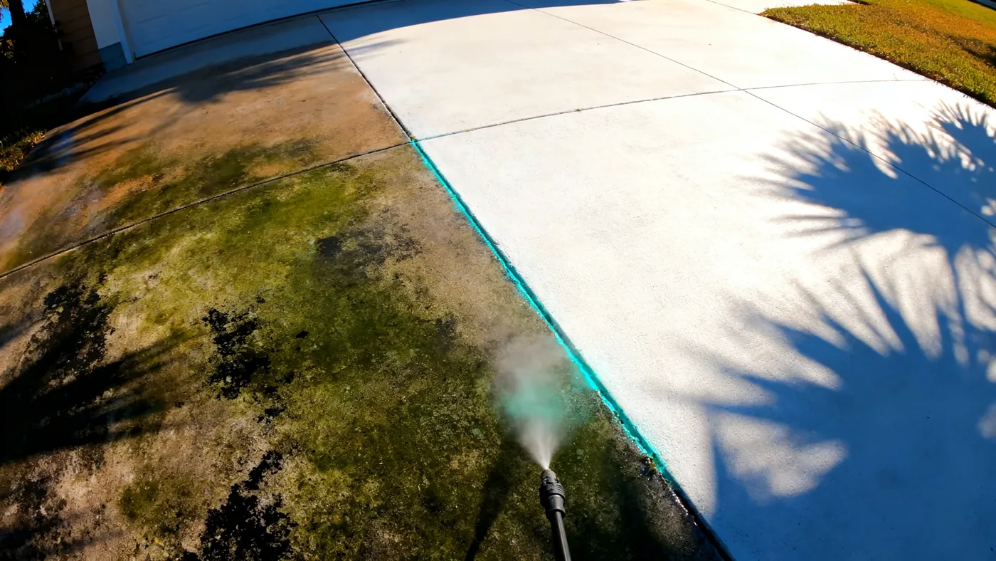 Jacksonville driveway split by a diagonal clean line: green algae on one side, radiant white concrete on the other