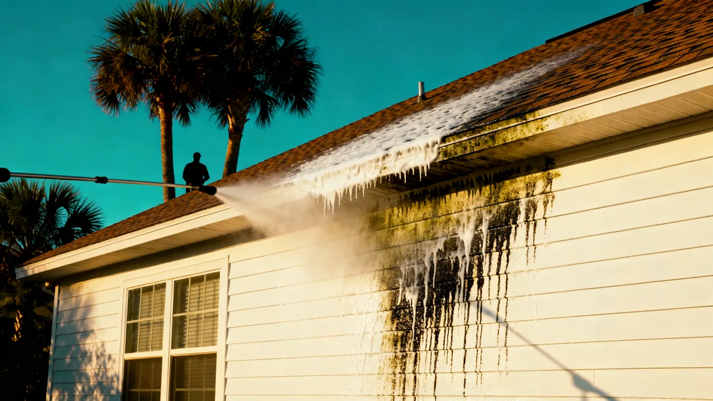 Soft wash foam sliding down the siding of a white Florida home