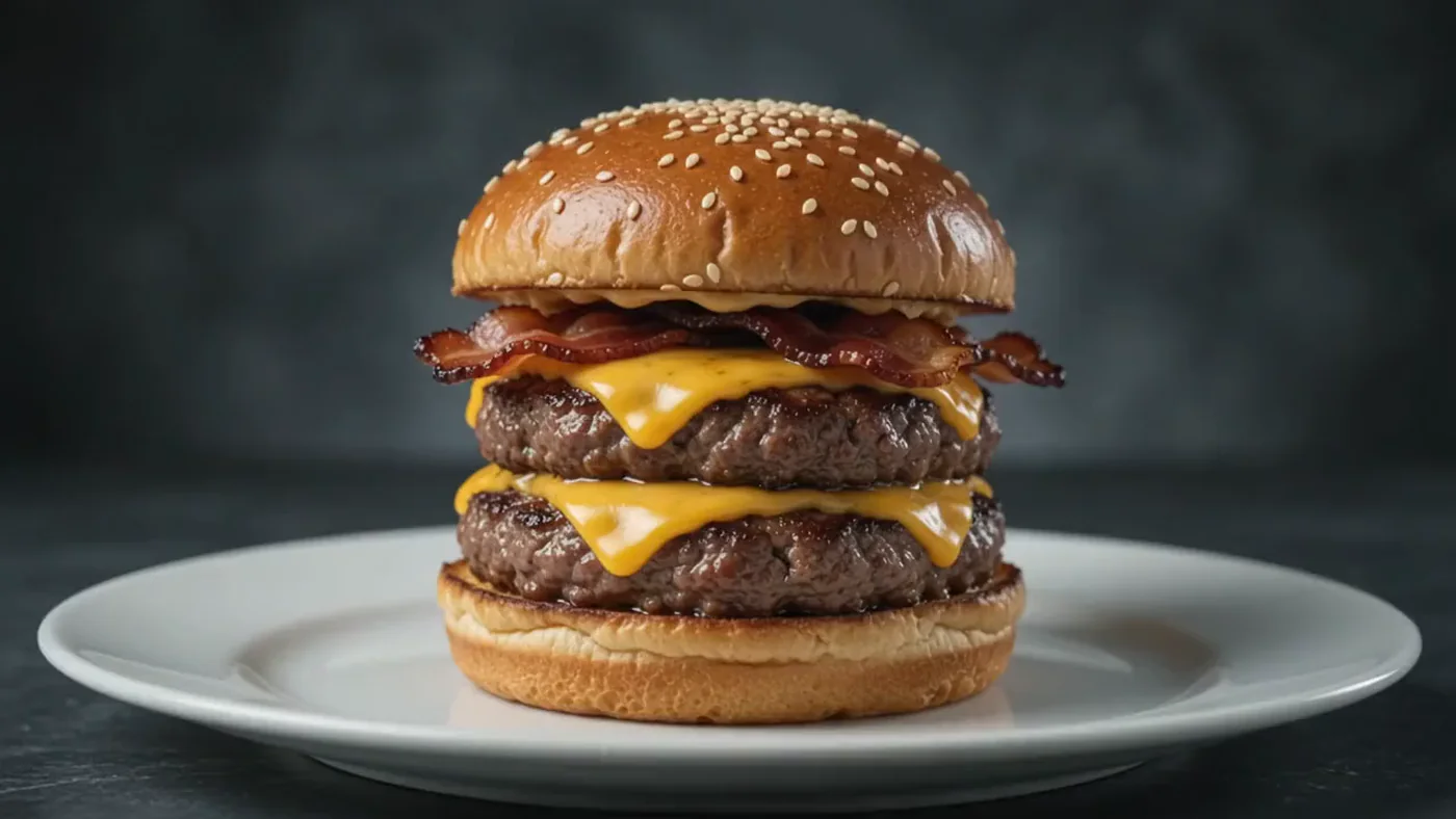 Double Down burger with two patties, cheddar and crispy bacon