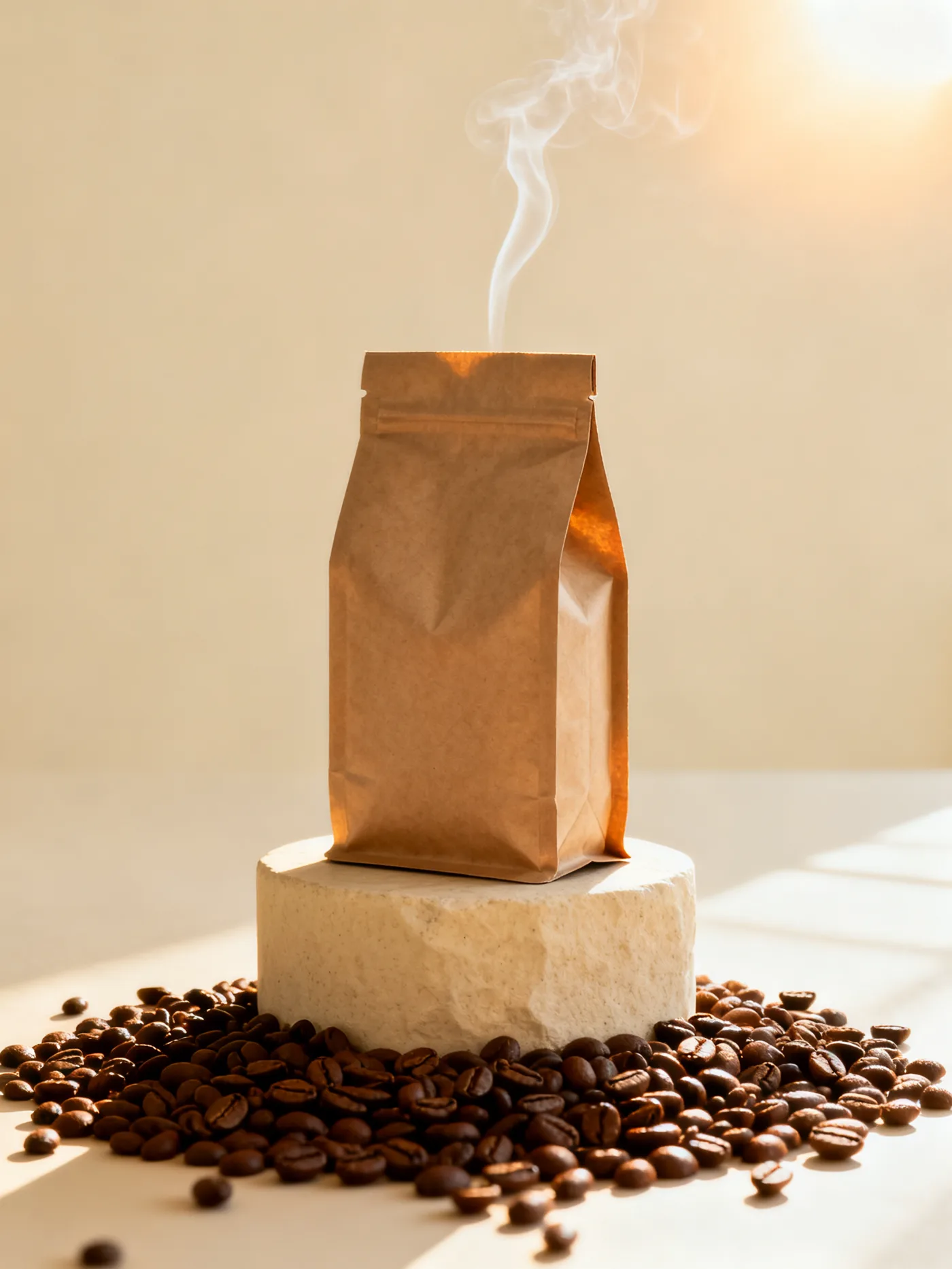 Bolsa kraft de café CUMBRE sobre pedestal crema
