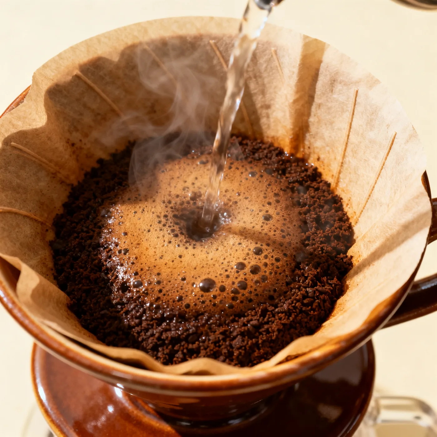Agua floreciendo sobre café en V60 de cerámica