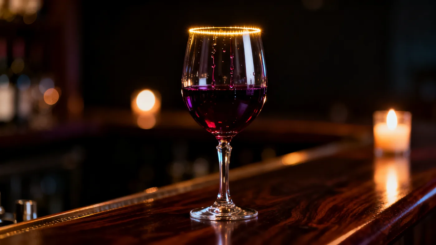 A glass of red wine glowing under candlelight