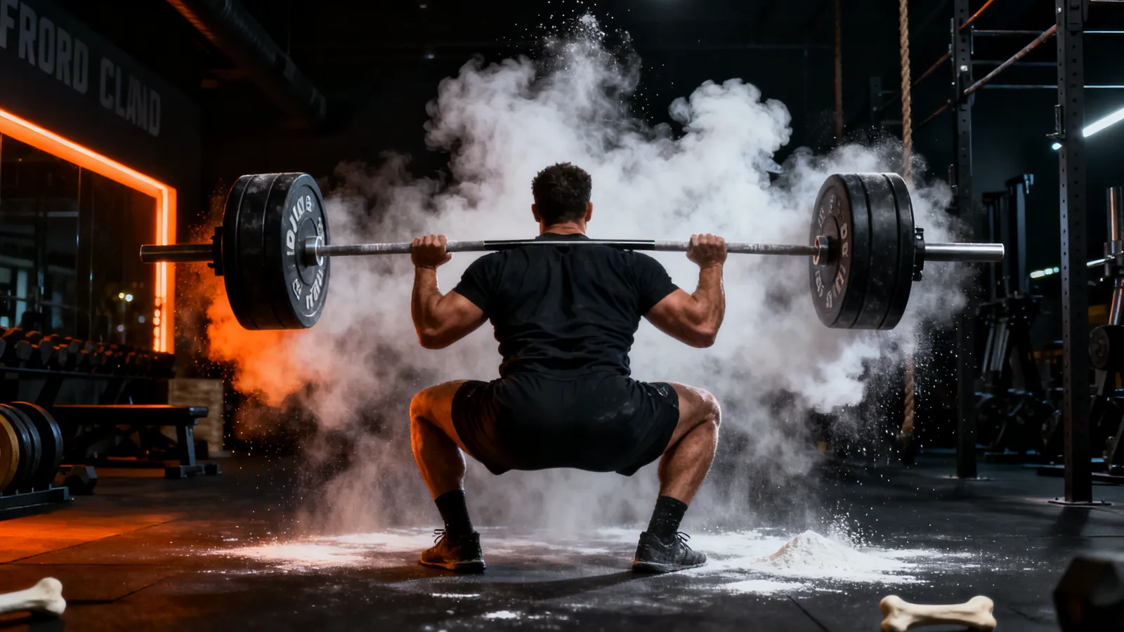 Athlete under a heavy barbell in a chalk cloud — FIERRO cover