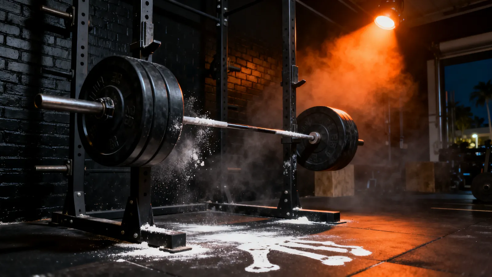 Loaded barbell on a dark steel rack under an orange spotlight