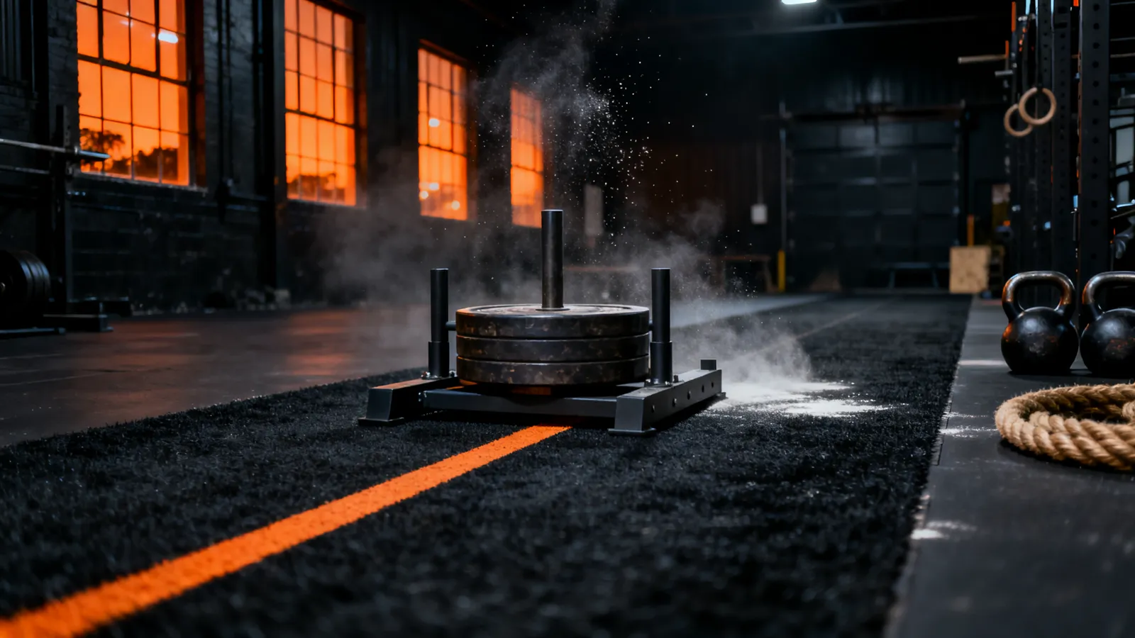 Weighted sled on the black turf lane, windows glowing at dusk
