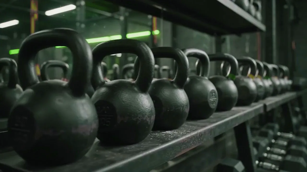 Programa Hierro — fila de kettlebells negras