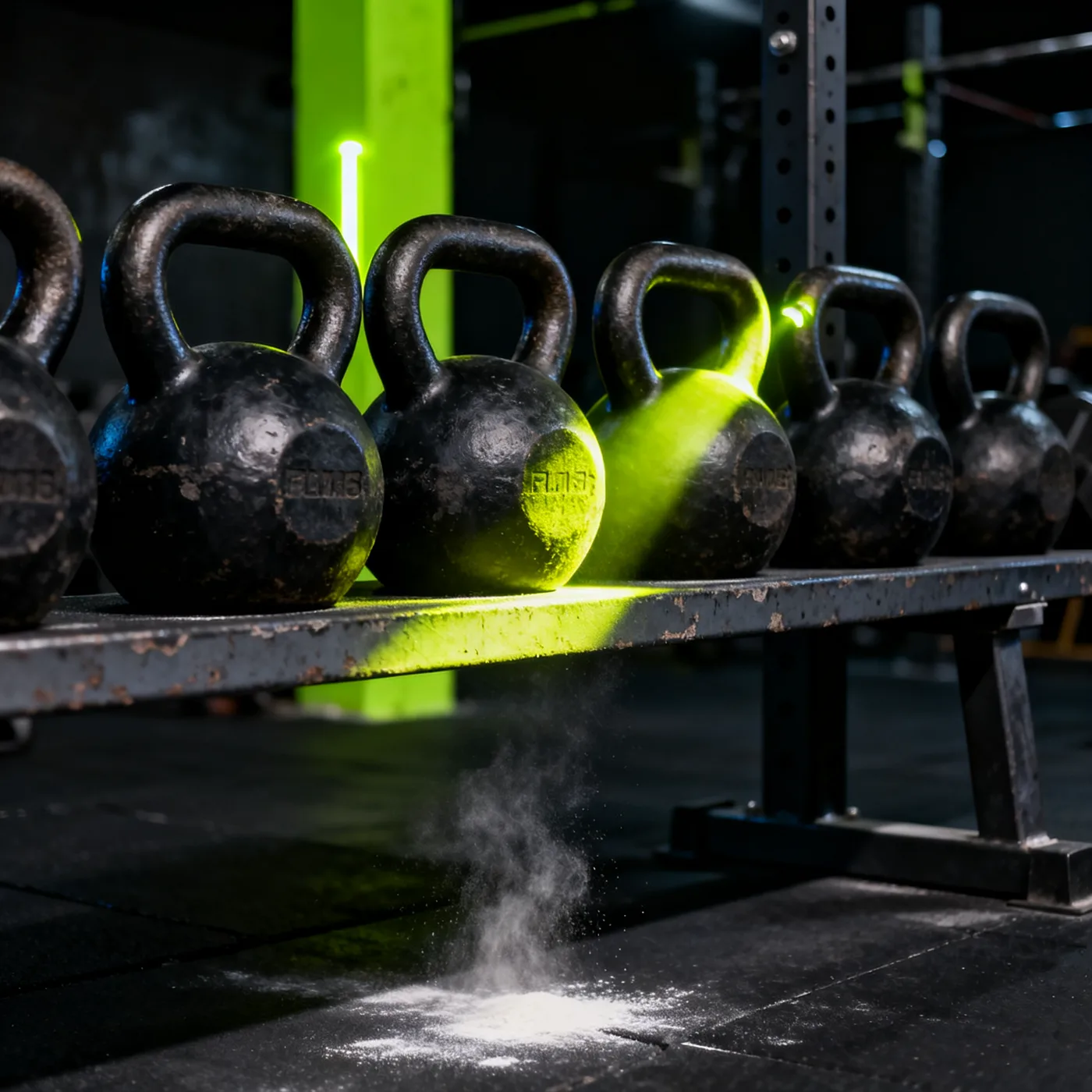 Programa Hierro — fila de kettlebells negras