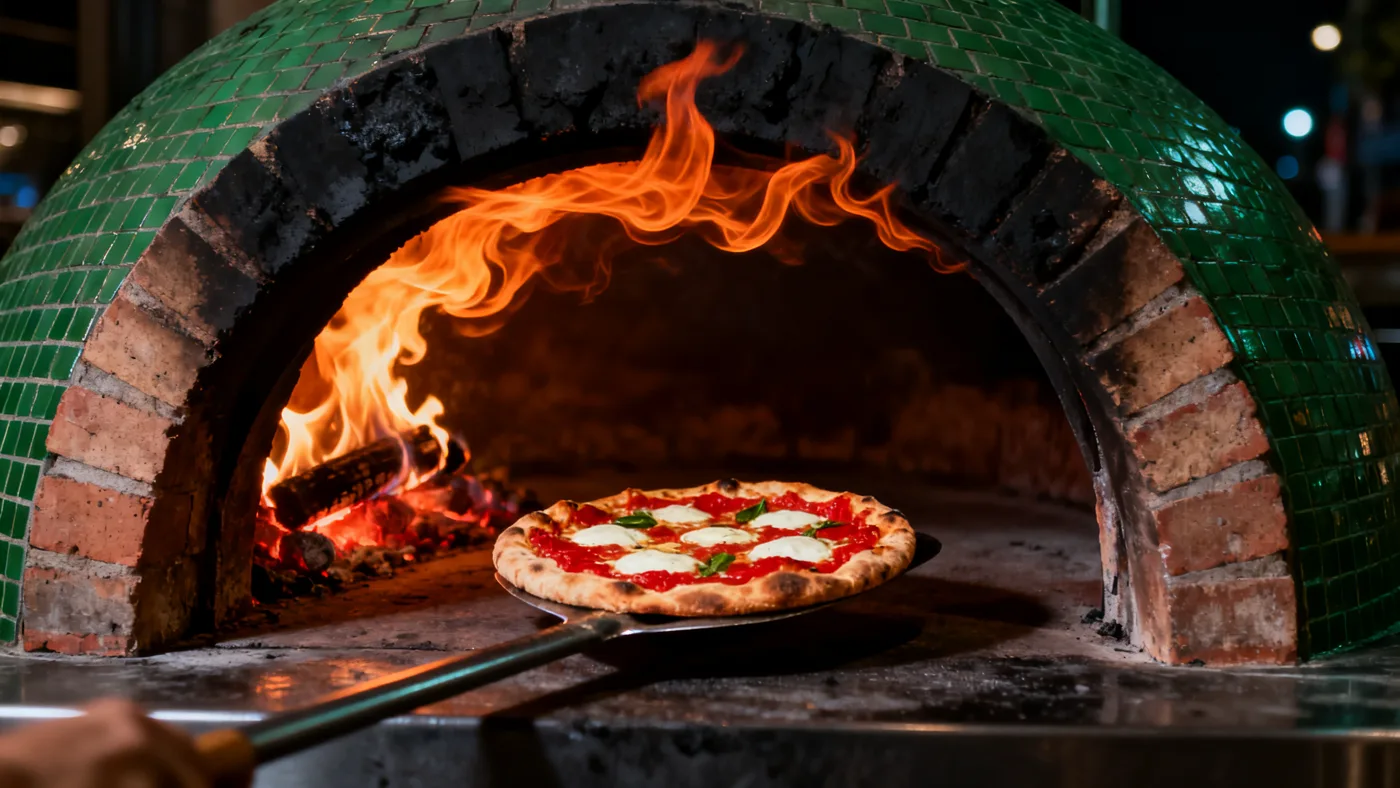 Margherita on the peel inside the wood-fired oven