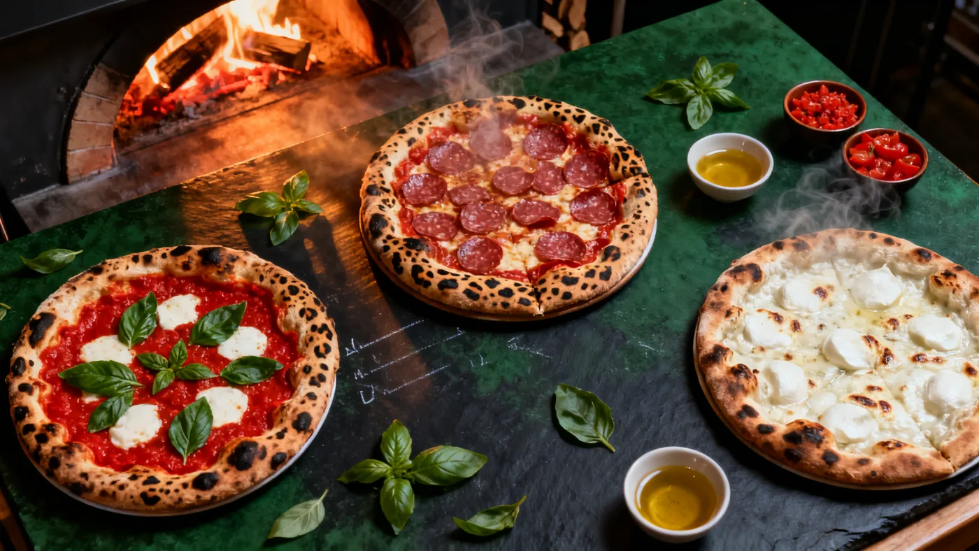 Three Neapolitan pizzas on the green slate board