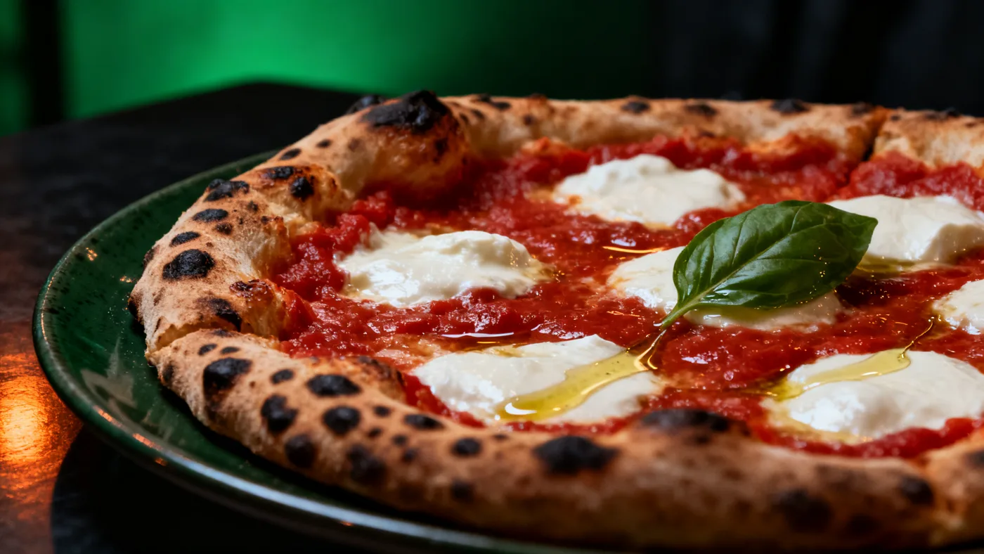 Margherita pizza with leopard-charred crust