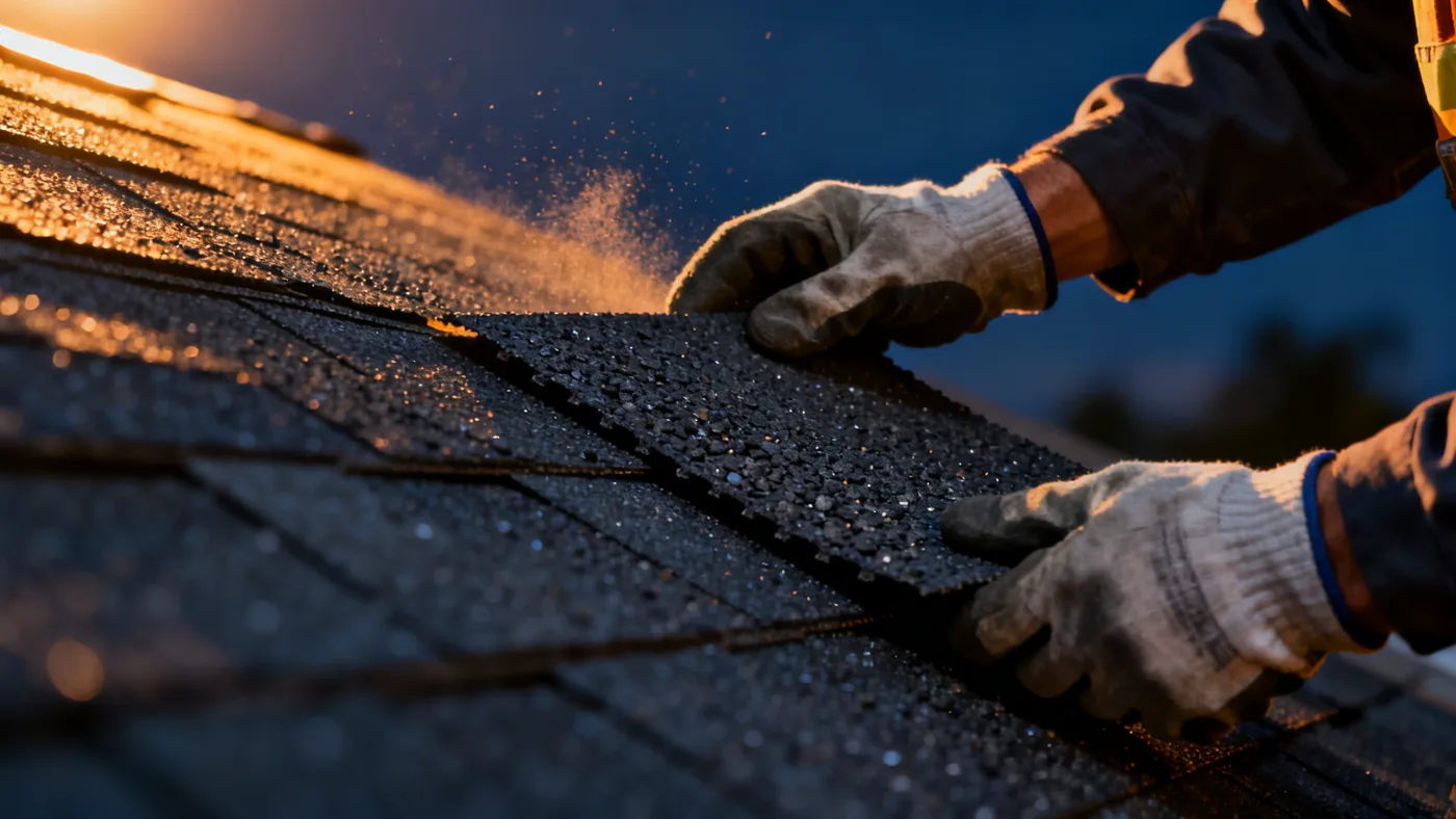 Roofer's gloved hands fastening an architectural shingle