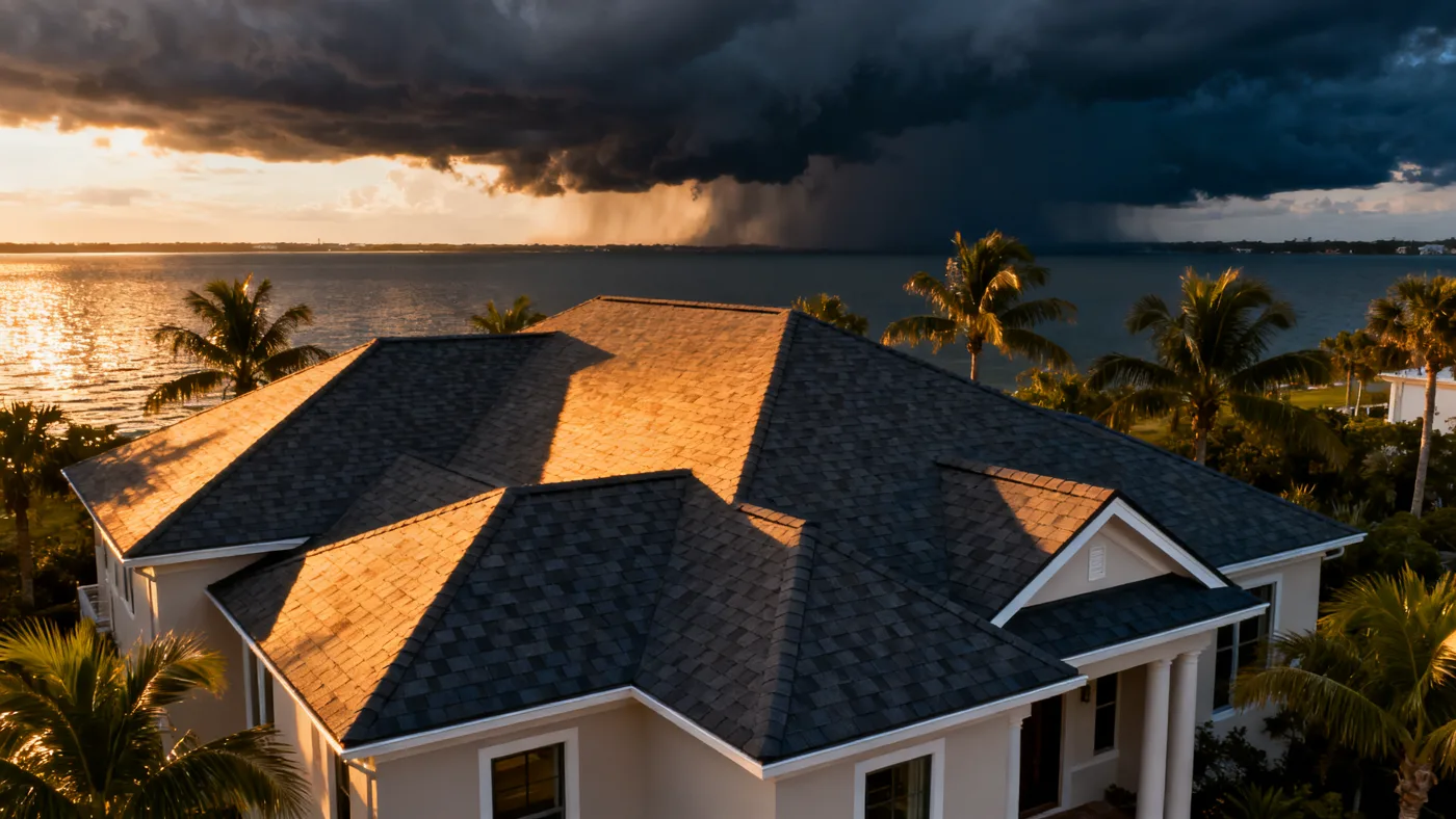 Drone flyover of a completed shingle roof by the water