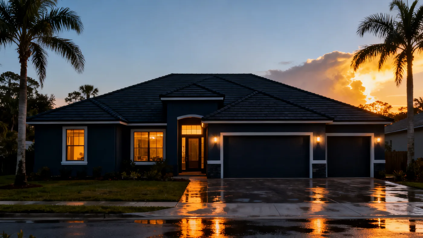 Finished roof replacement on a Tampa home at dusk