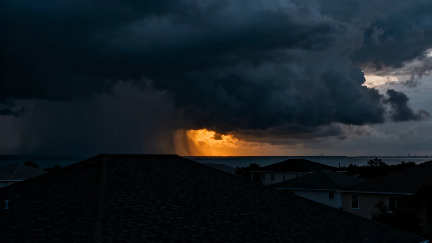 Storm clouds gathering over Tampa Bay rooftops