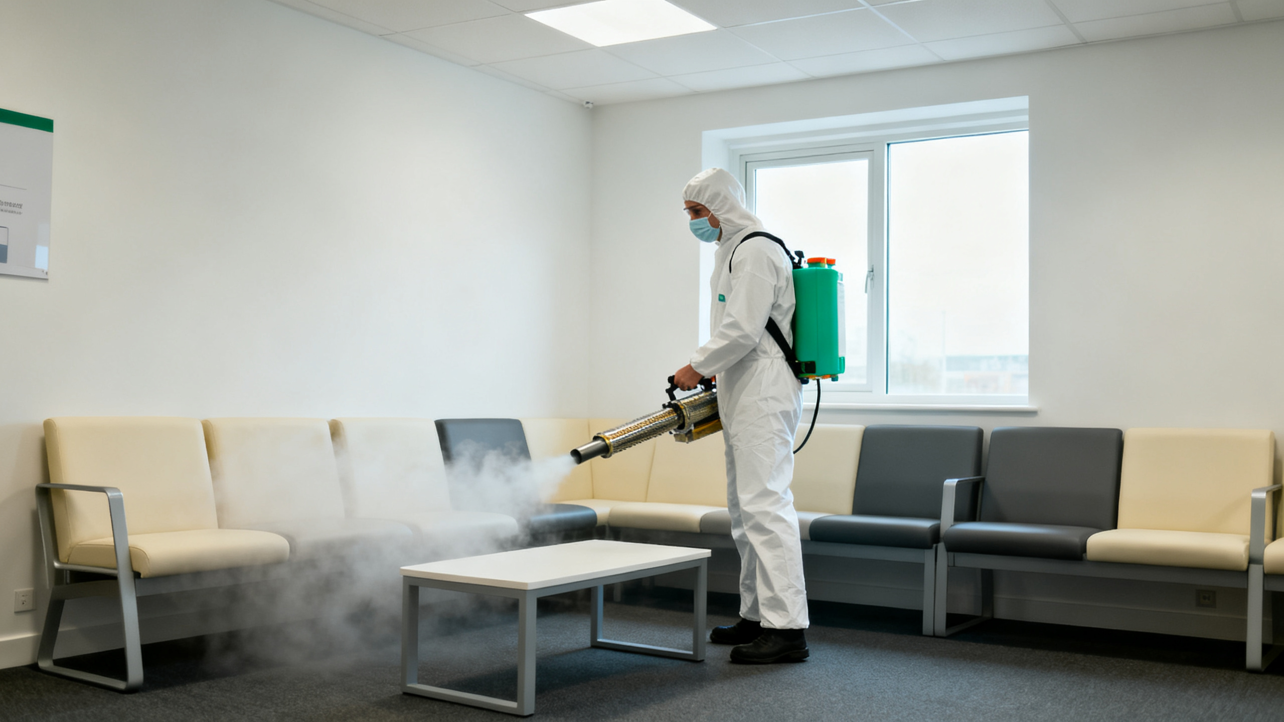 Operative in PPE fogging a reception lounge