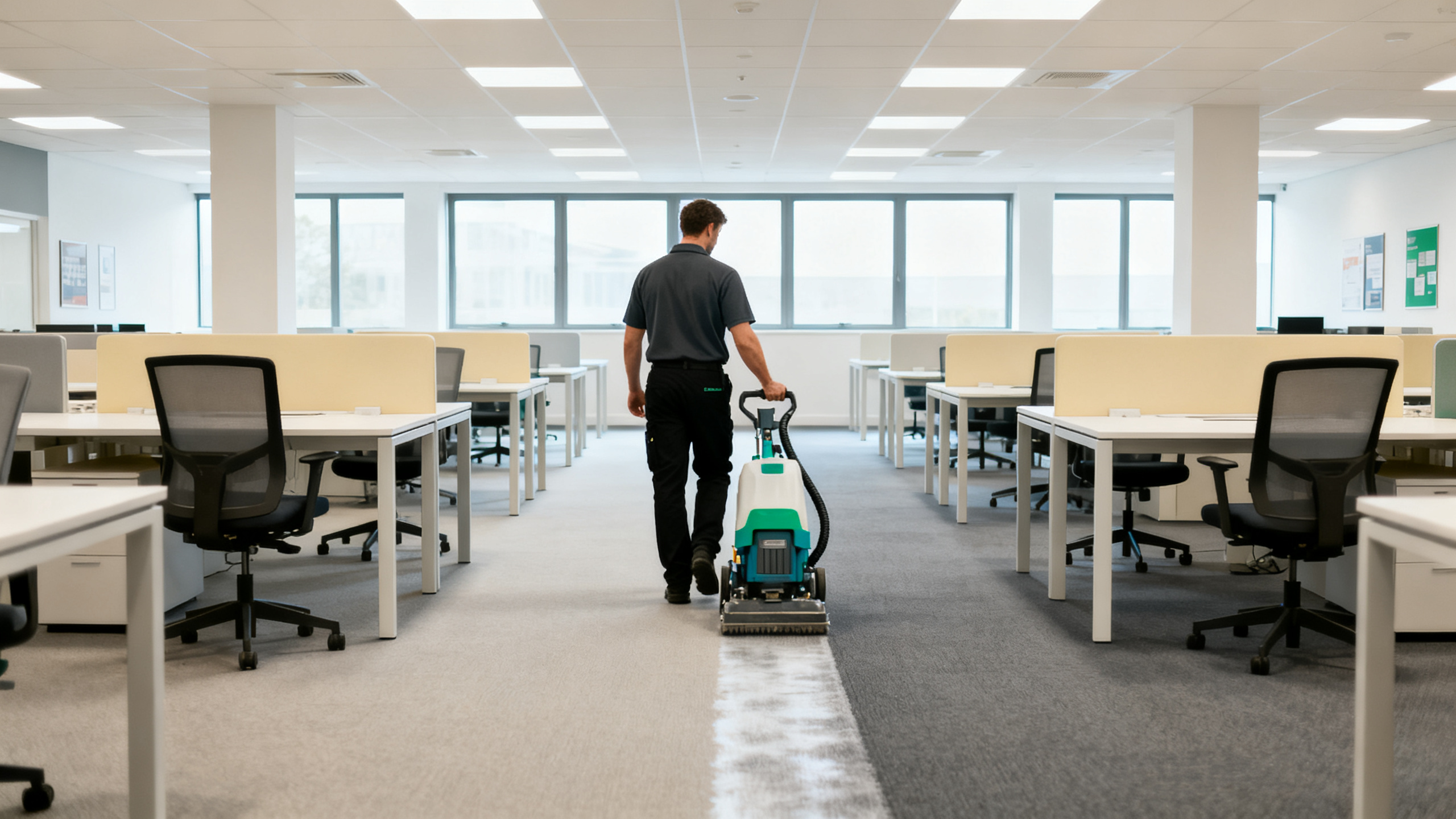 GW technician running a Galaxy extraction machine over office carpet