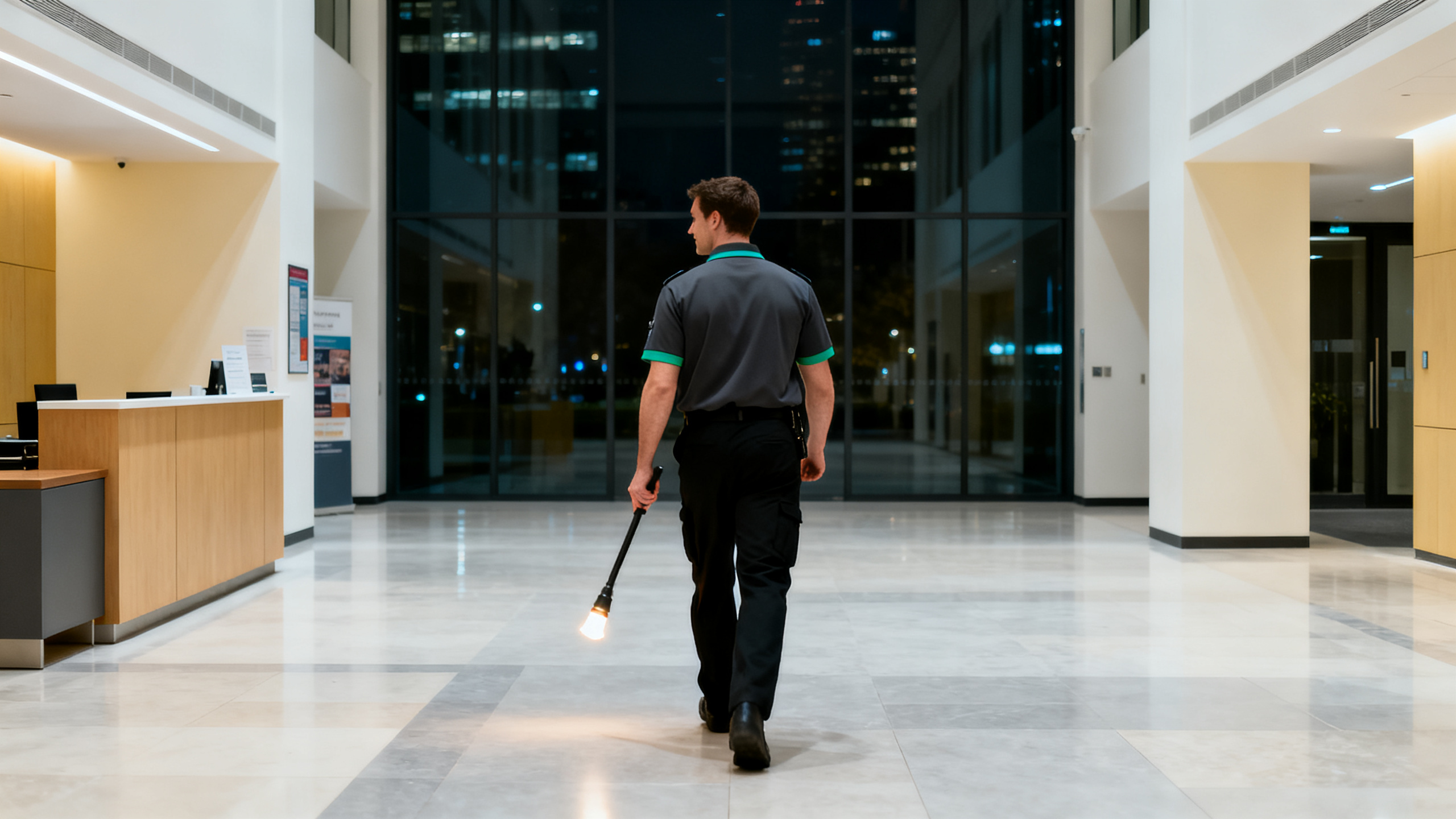 Dos operarios de limpieza trabajando de noche en una oficina de Londres: uno pasa la fregadora industrial dejando una franja limpia y otro repasa un escritorio