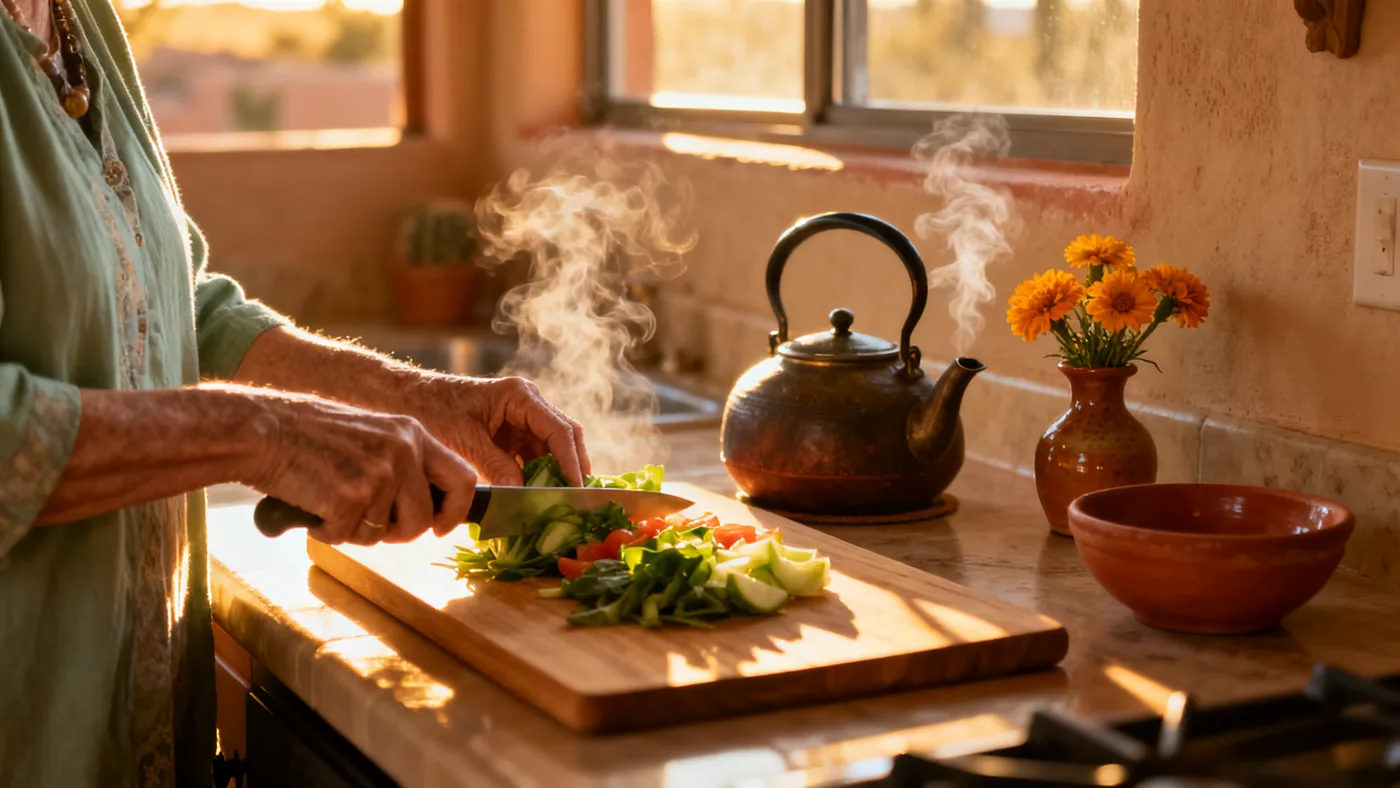 Illustrative personal-care scene in a warm kitchen