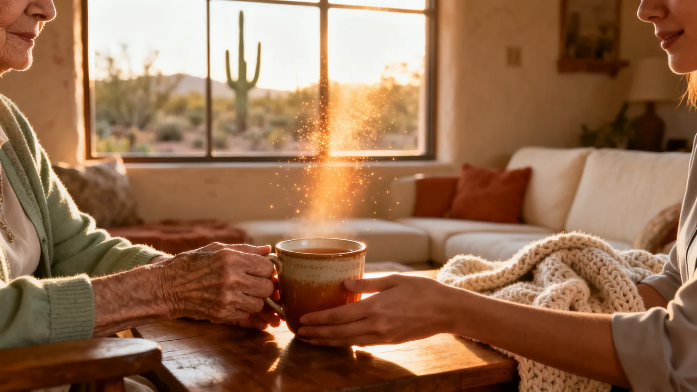 Illustrative scene of an older adult and a caregiver sharing tea at home