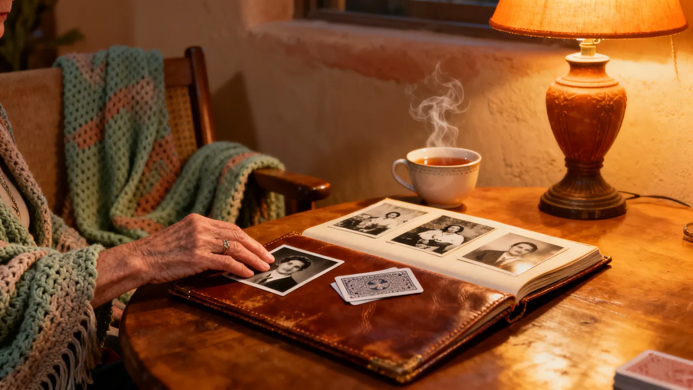 Illustrative memory-support scene with a family photo album