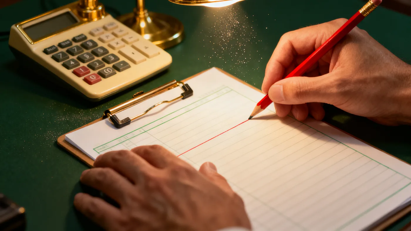 Accountant's hands marking a paper ledger with a red pencil beside a vintage calculator