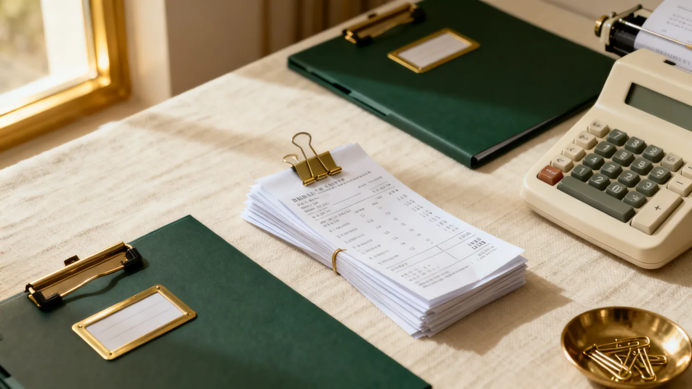 Neatly organized receipts, green folders and a calculator on a cream desk