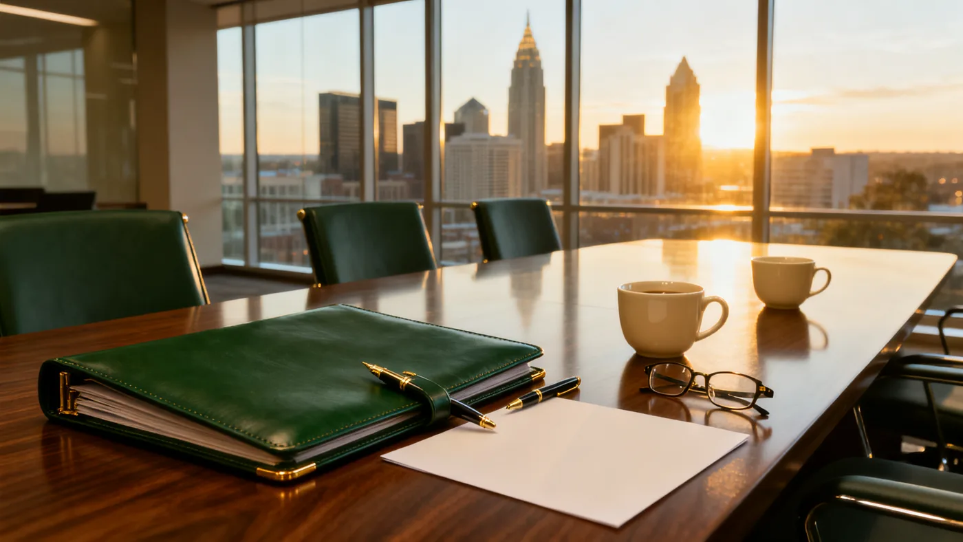 Green leather portfolio and fountain pen on a conference table overlooking a city skyline