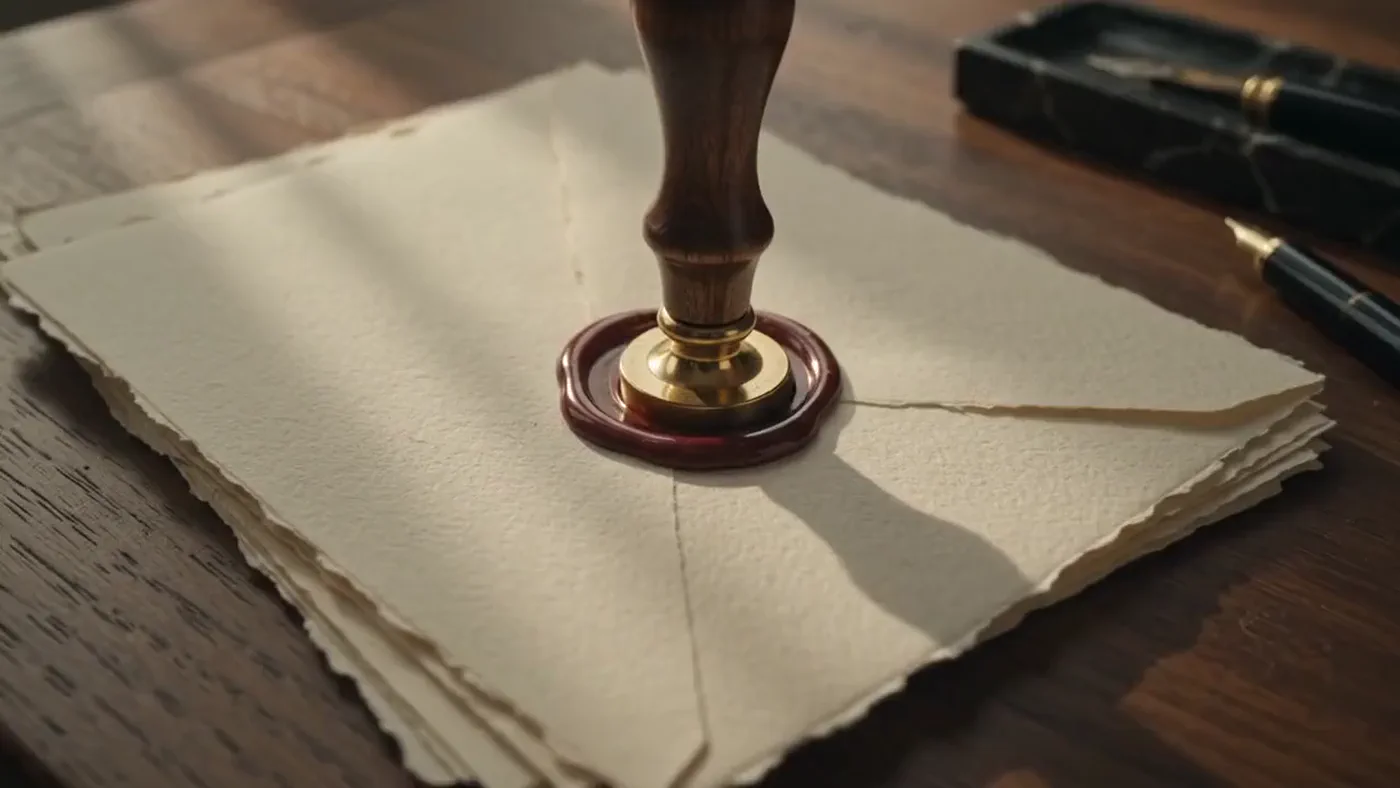 Burgundy wax seal pressed onto cotton paper