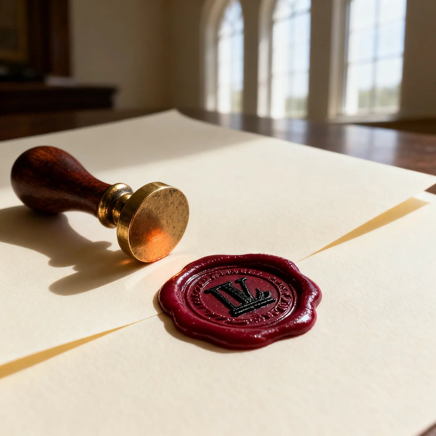 Burgundy wax seal pressed onto cotton paper