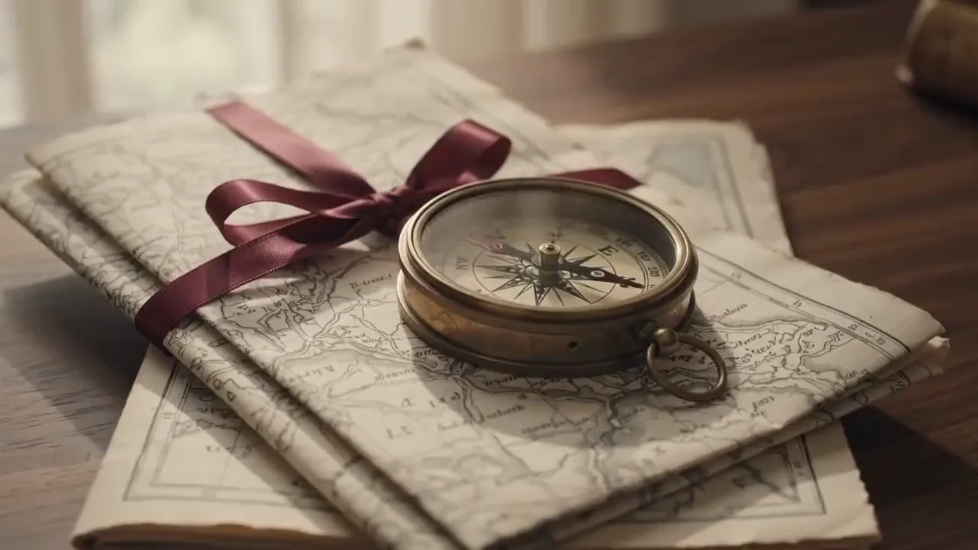 Brass compass on folded cream paper maps