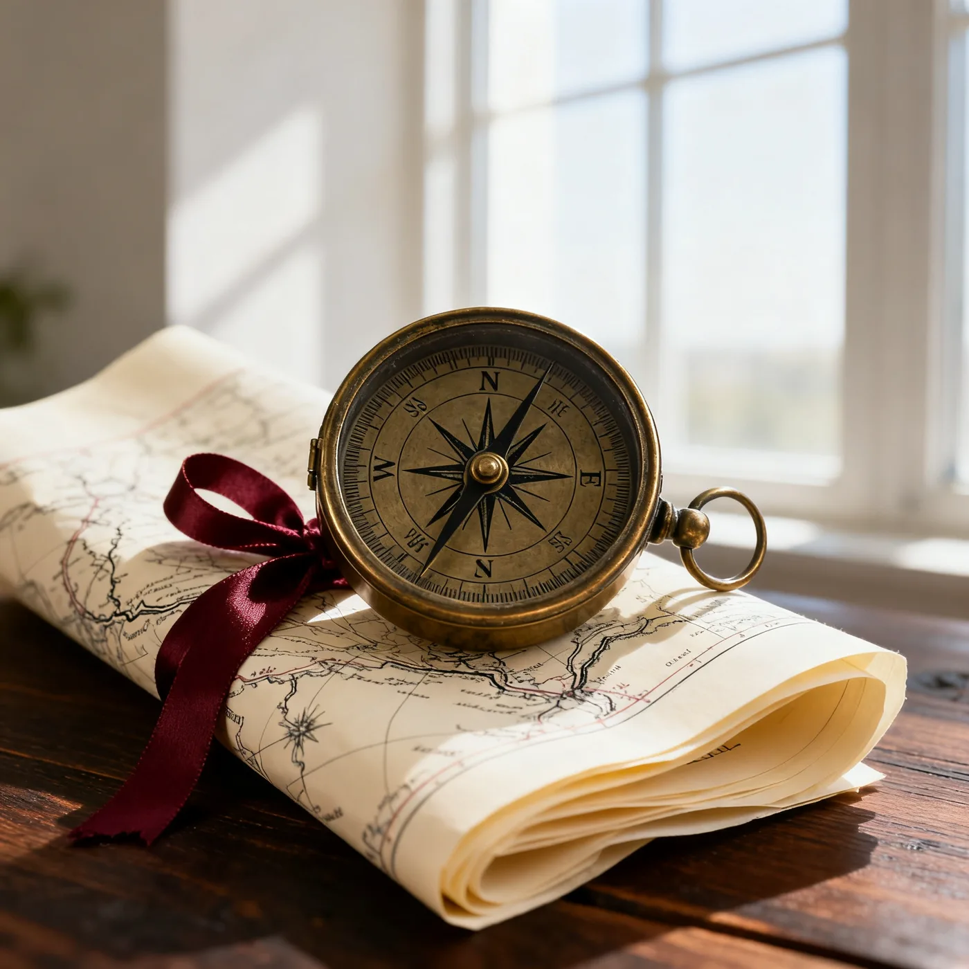 Brass compass on folded cream paper maps