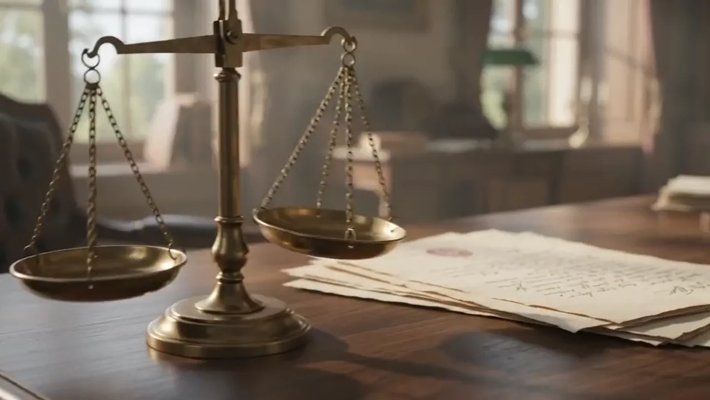 Antique brass scales of justice on a walnut desk
