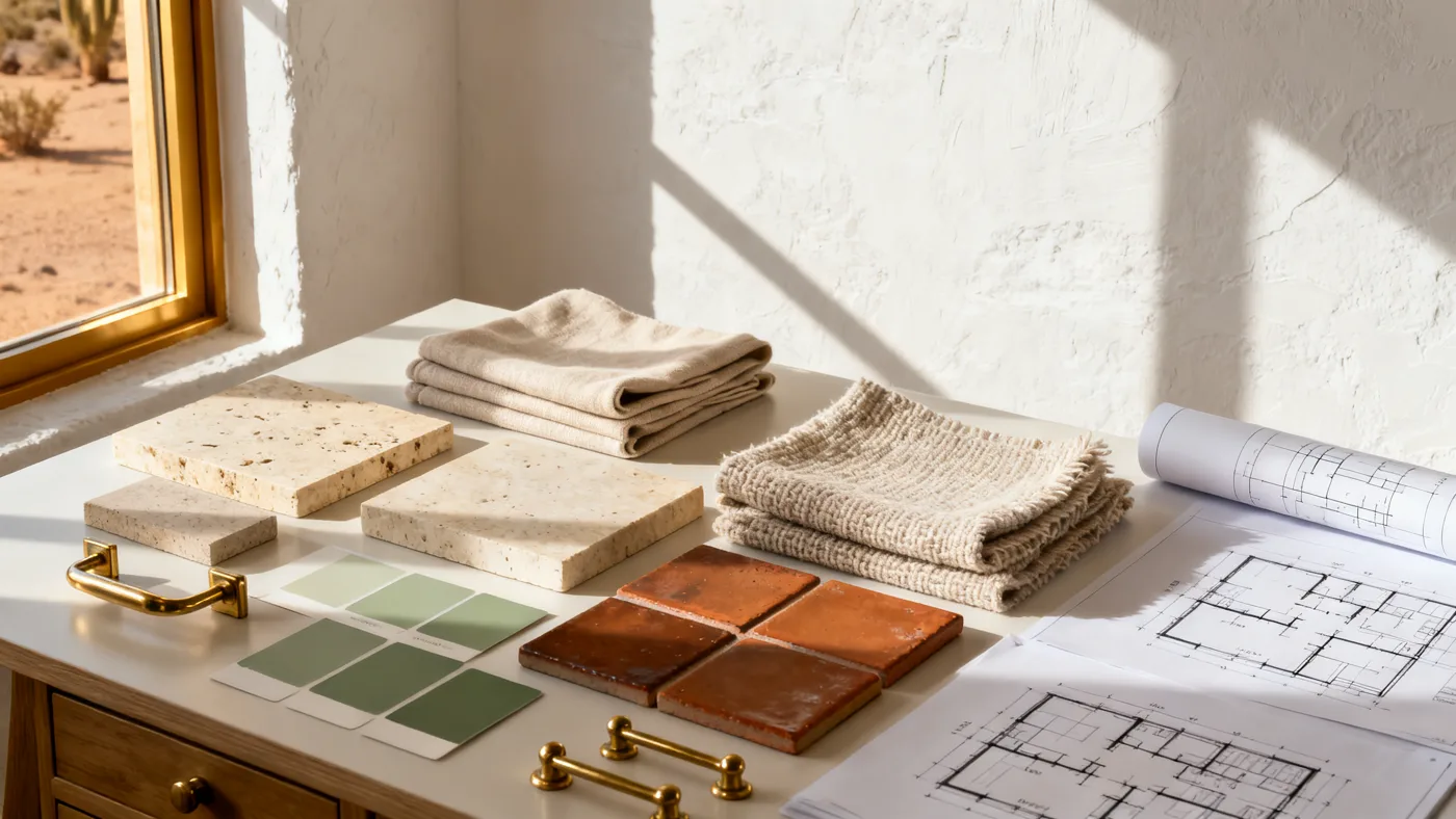 Illustrative material-palette study with stone, linen, clay and brass