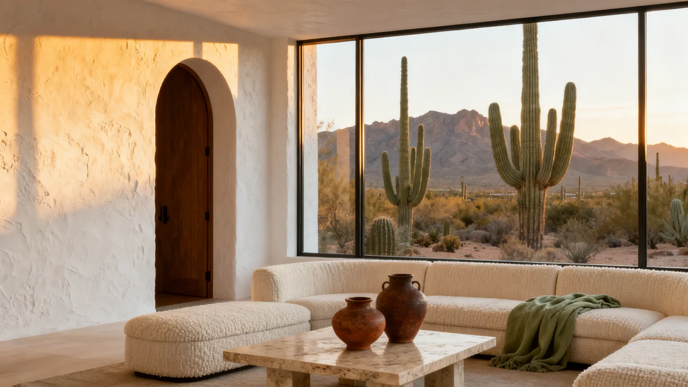 Illustrative desert-modern interior concept at golden hour