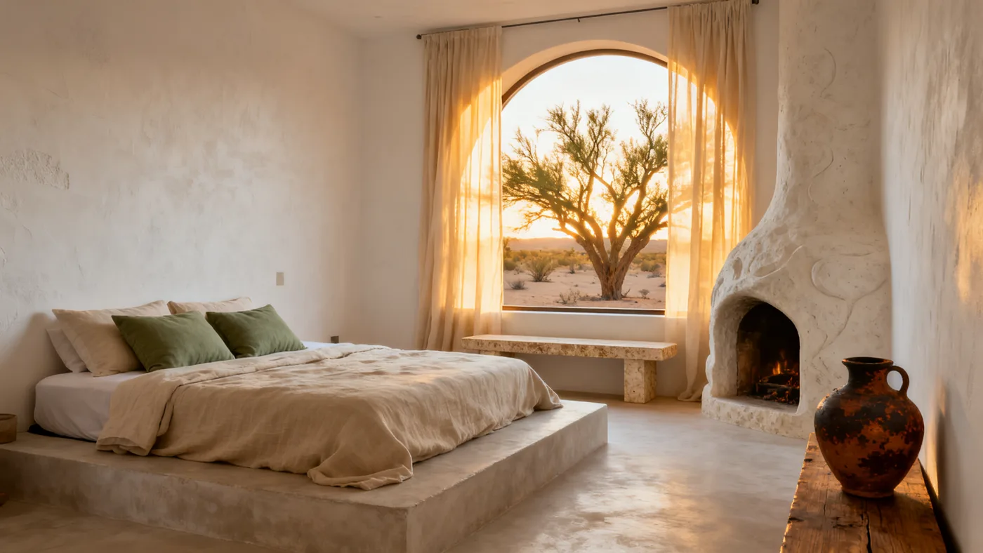 Illustrative bedroom study with plaster fireplace, linen bed and arched window at golden hour