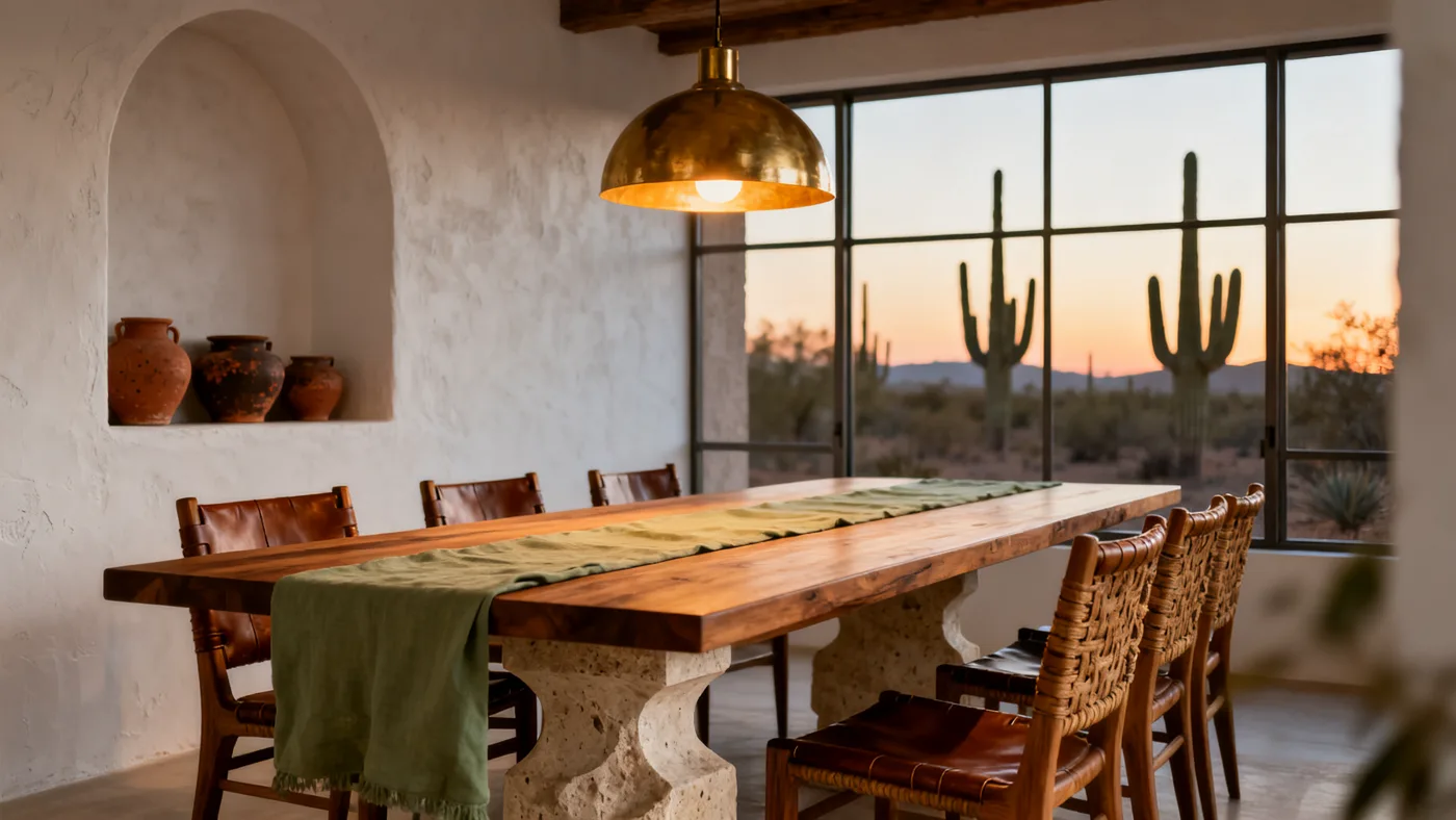Illustrative dining-room study with clay ceramics, oak table and brass pendant at dusk