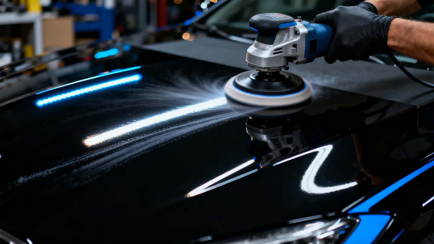Dual-action polisher gliding over piano black paint