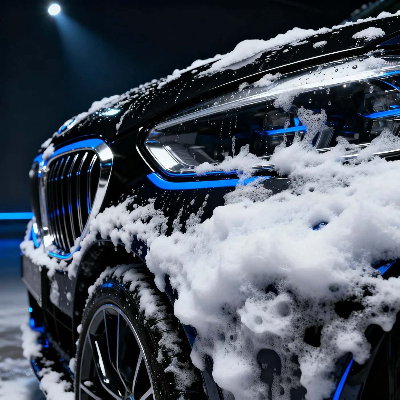 Snow foam sliding down piano black paint