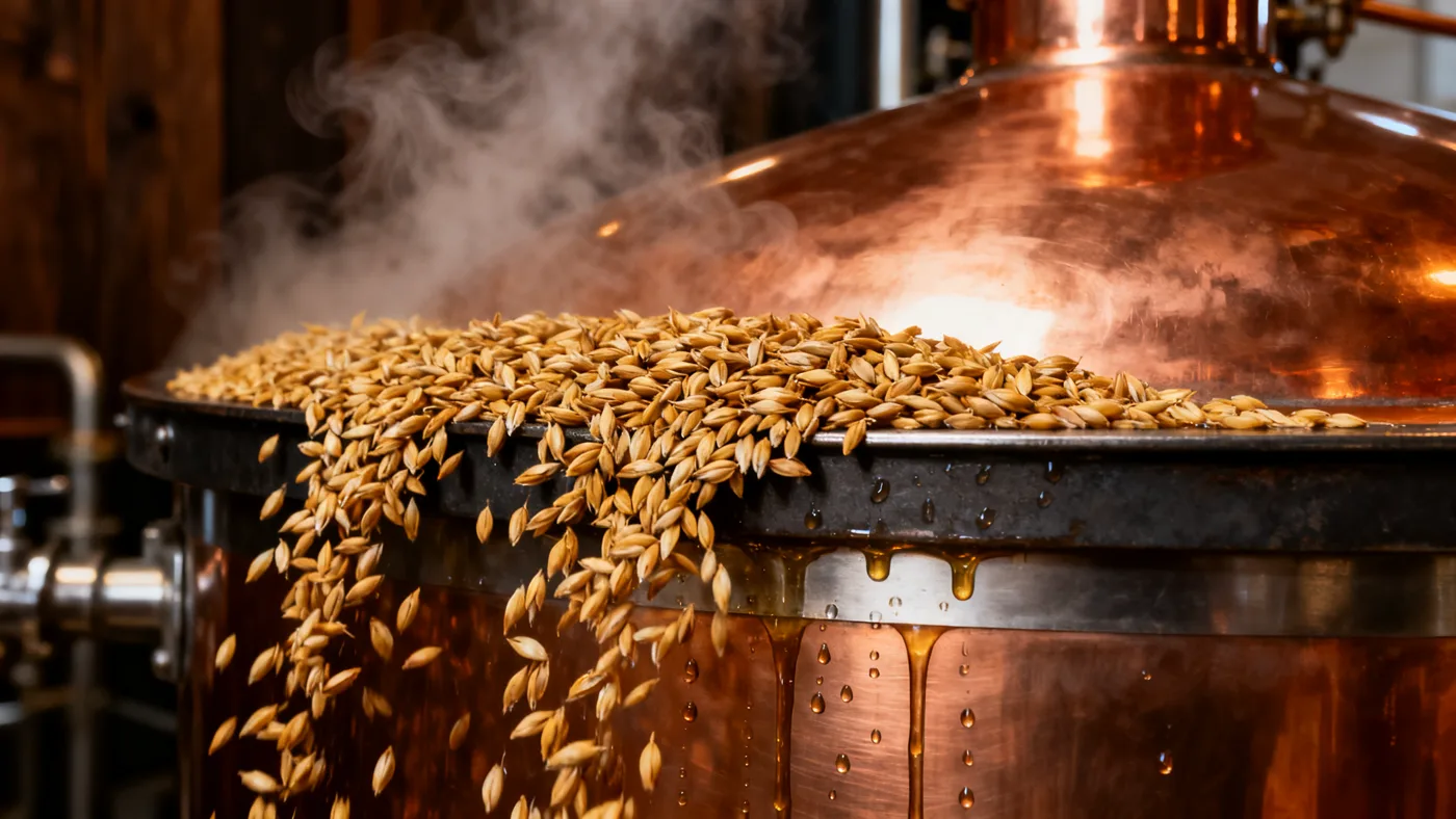 Malted barley and steam over the mash tun at MALTA Brewing