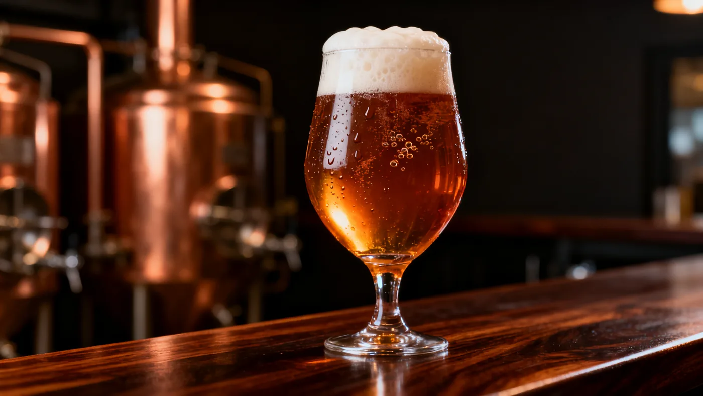 Freshly poured amber ale with a dense foam head at the MALTA bar