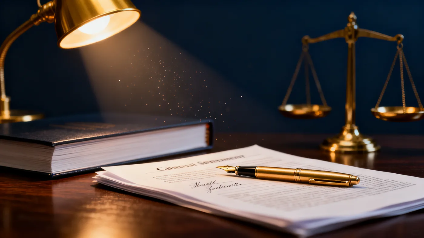 Settlement documents and a brass scale under warm desk light
