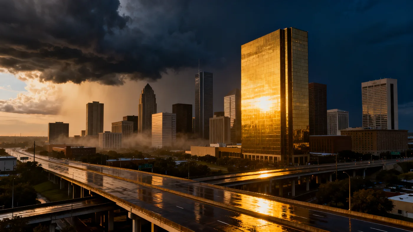 Rain-slick Houston freeway under a breaking storm at dawn